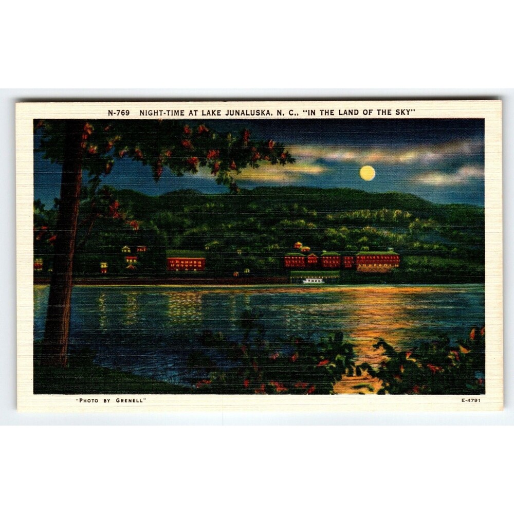 Nihgt-Time At Lake Junaluska Full Moon Land Of Sky North Carolina Linen Postcard